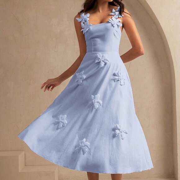 Dusty Blue Elegant Women's 3d Flower maxi dress - Picture 3 of 8